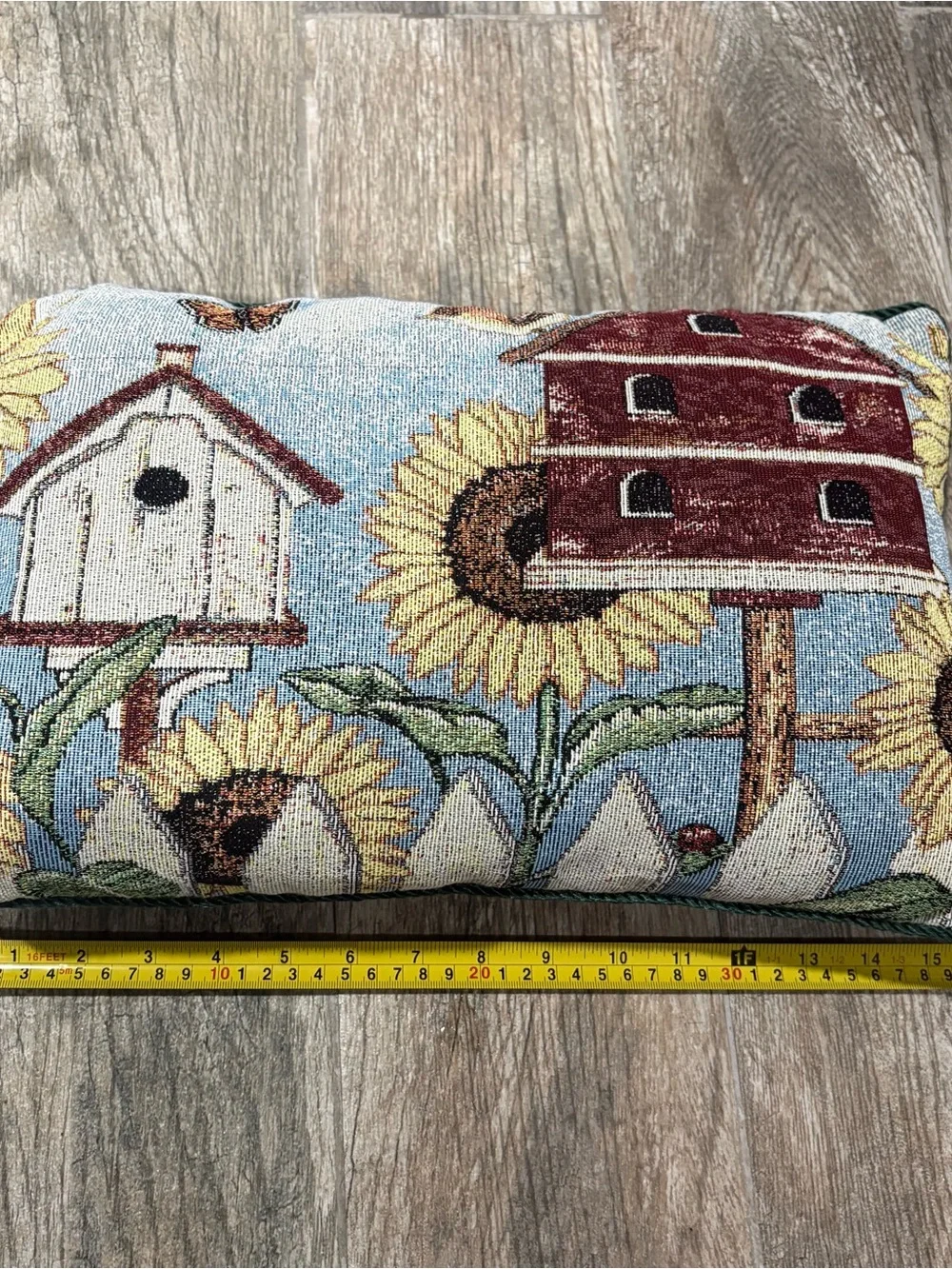 Needlepoint Tapestry Throw Pillow Sunflowers Birdhouse Country 16x10 Cottagecore